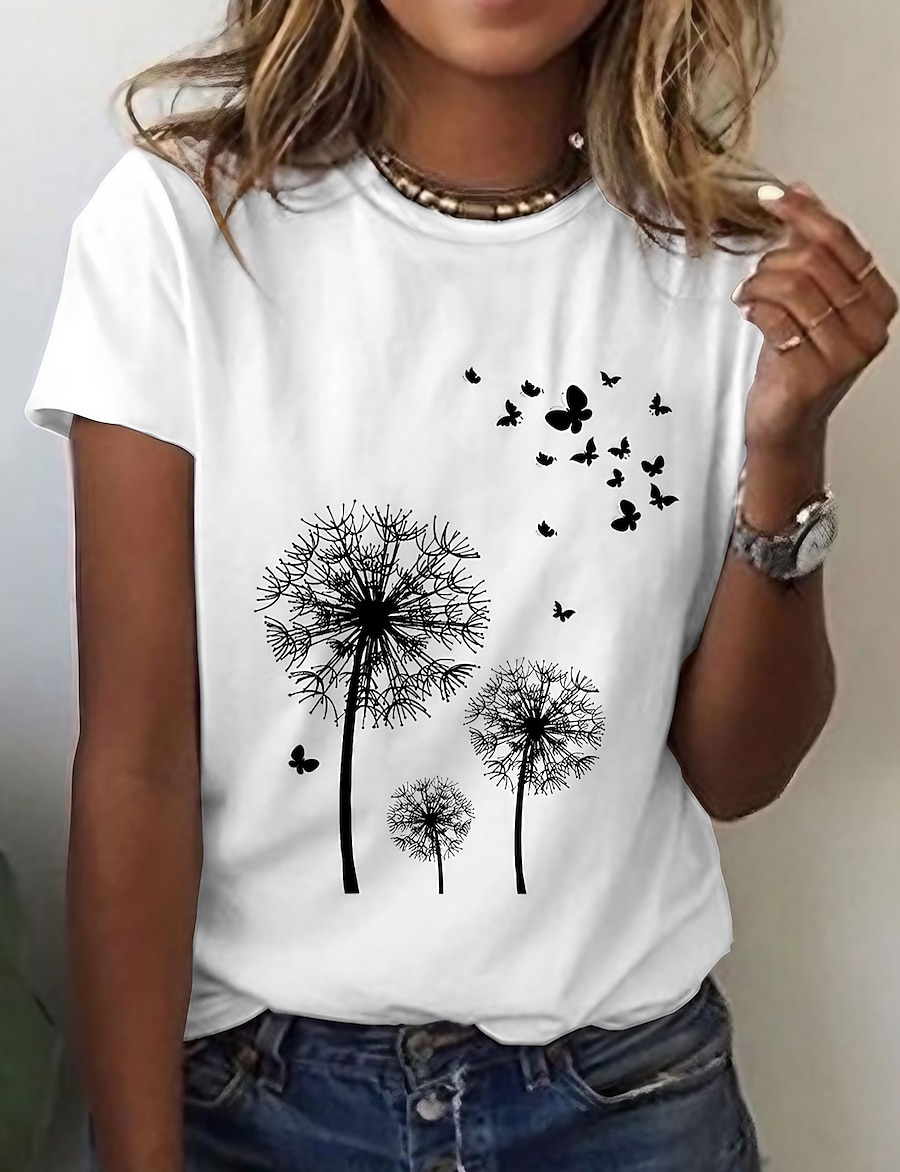  Women's Daily Weekend T shirt Tee Short Sleeve Graphic Butterfly Dandelion Round Neck Print Basic Tops White Black S