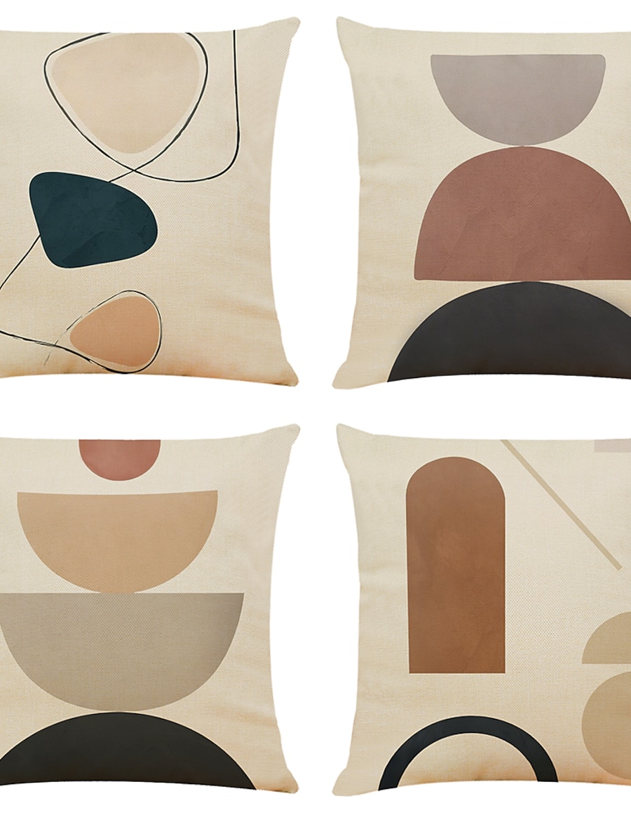  4 pcs Faux Linen Pillow Cover, Simple Classic Print Geometric Modern Zipper Square Traditional Classic