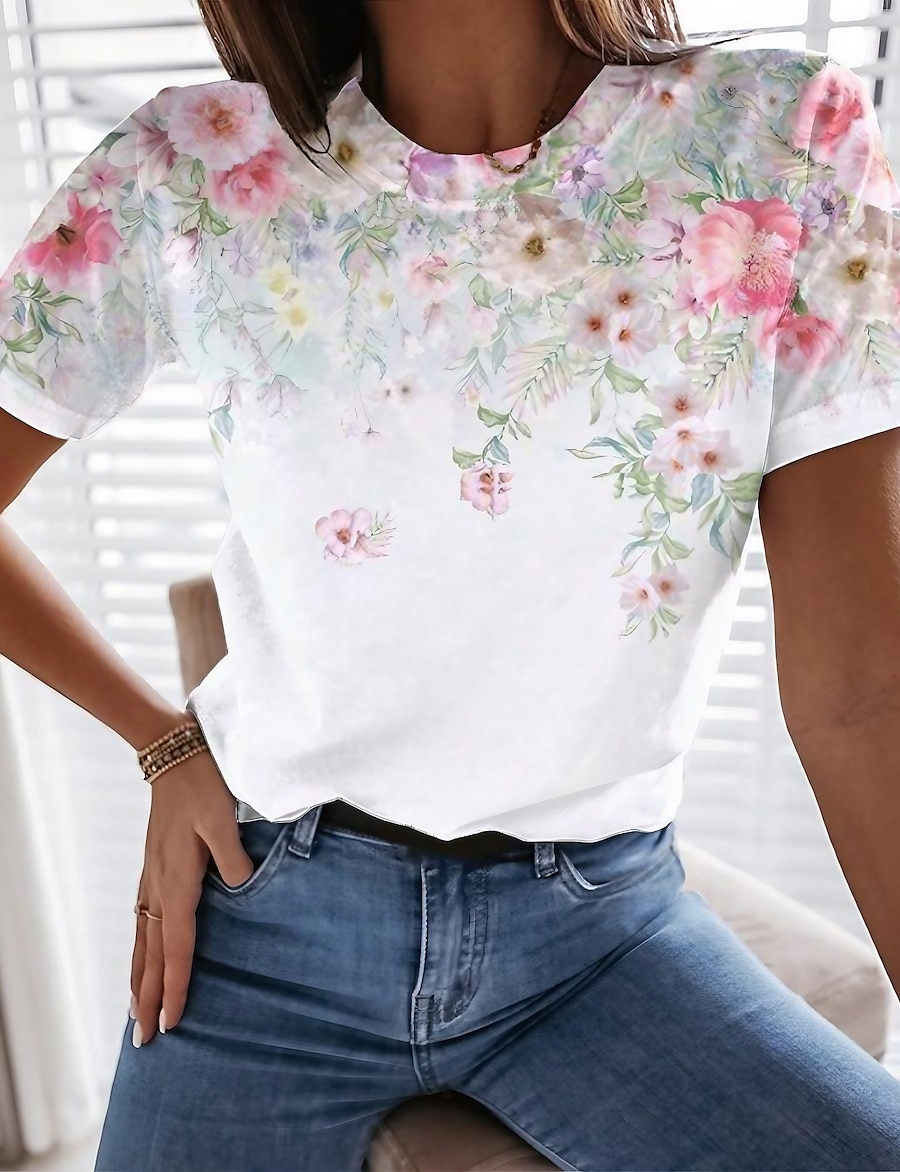  Women's T shirt Floral Theme Painting Floral Graphic Round Neck Print Basic Tops White / 3D Print
