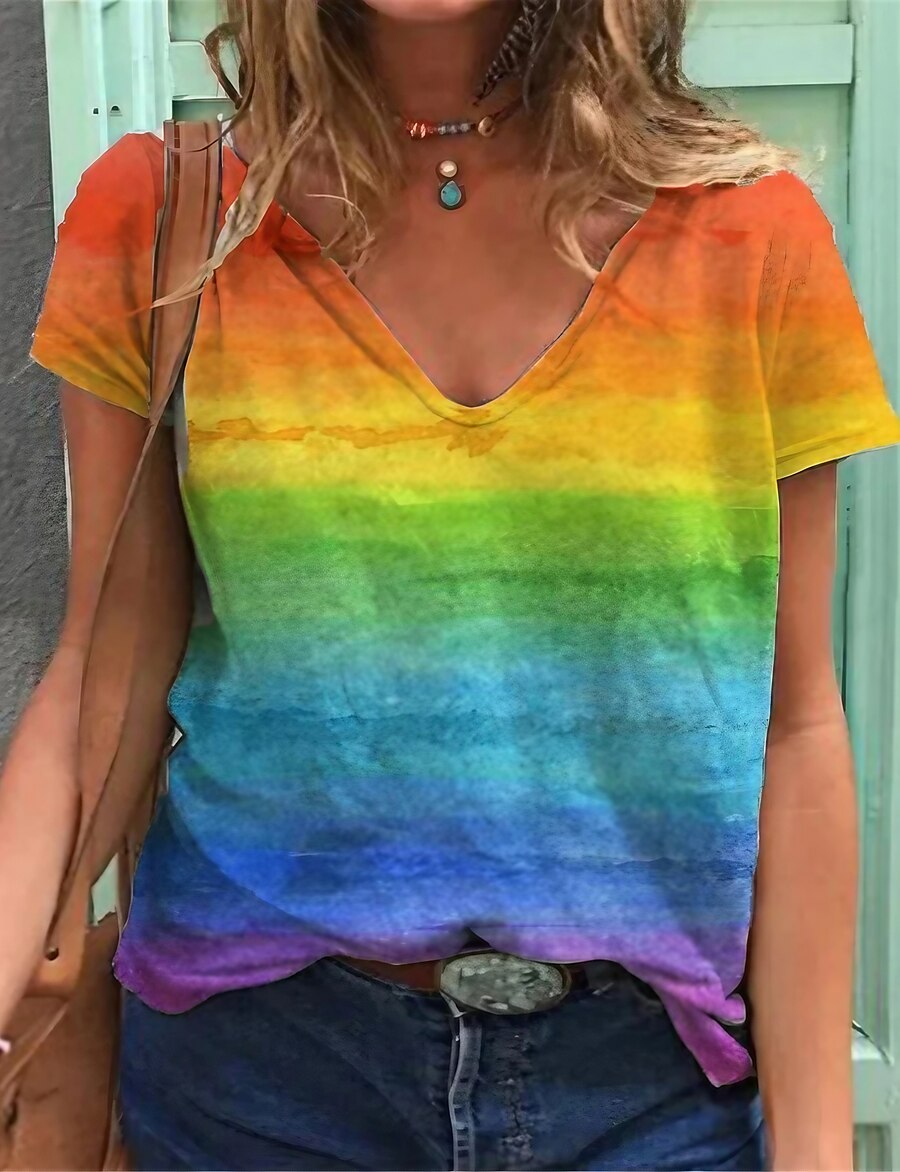  Women's Home Daily T shirt Tee LGBT Pride Short Sleeve Rainbow V Neck Basic Tops Rainbow S / 3D Print