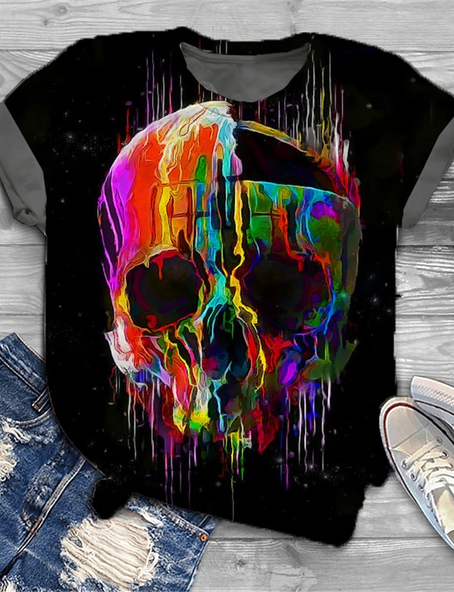  Women's Plus Size Tops T shirt Graphic Skull Short Sleeve Print Basic Crewneck Cotton Spandex Jersey Daily Holiday Black