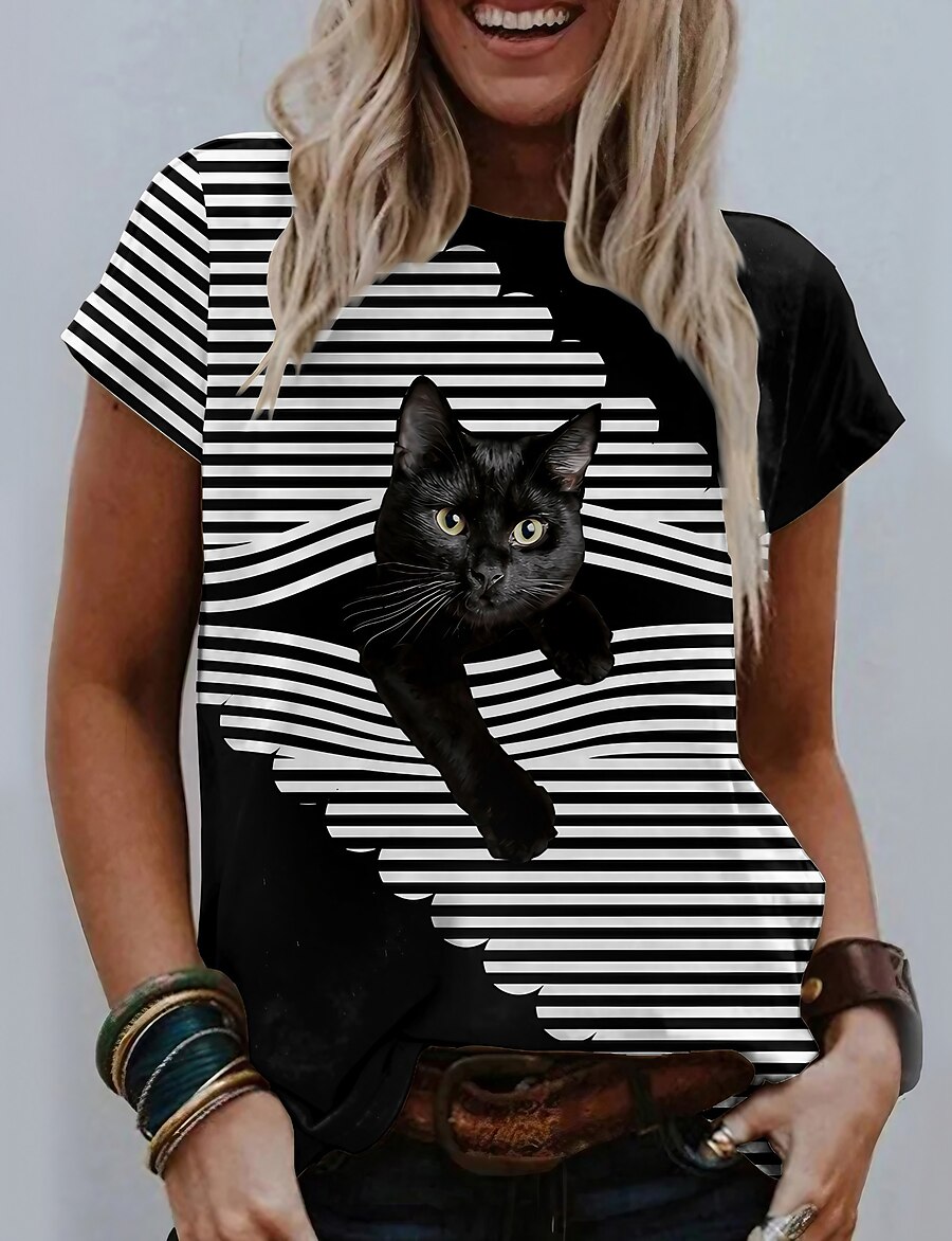  Women's T shirt Striped 3D Cat Striped Cat Graphic Round Neck Print Basic Vintage Tops Black / 3D Print