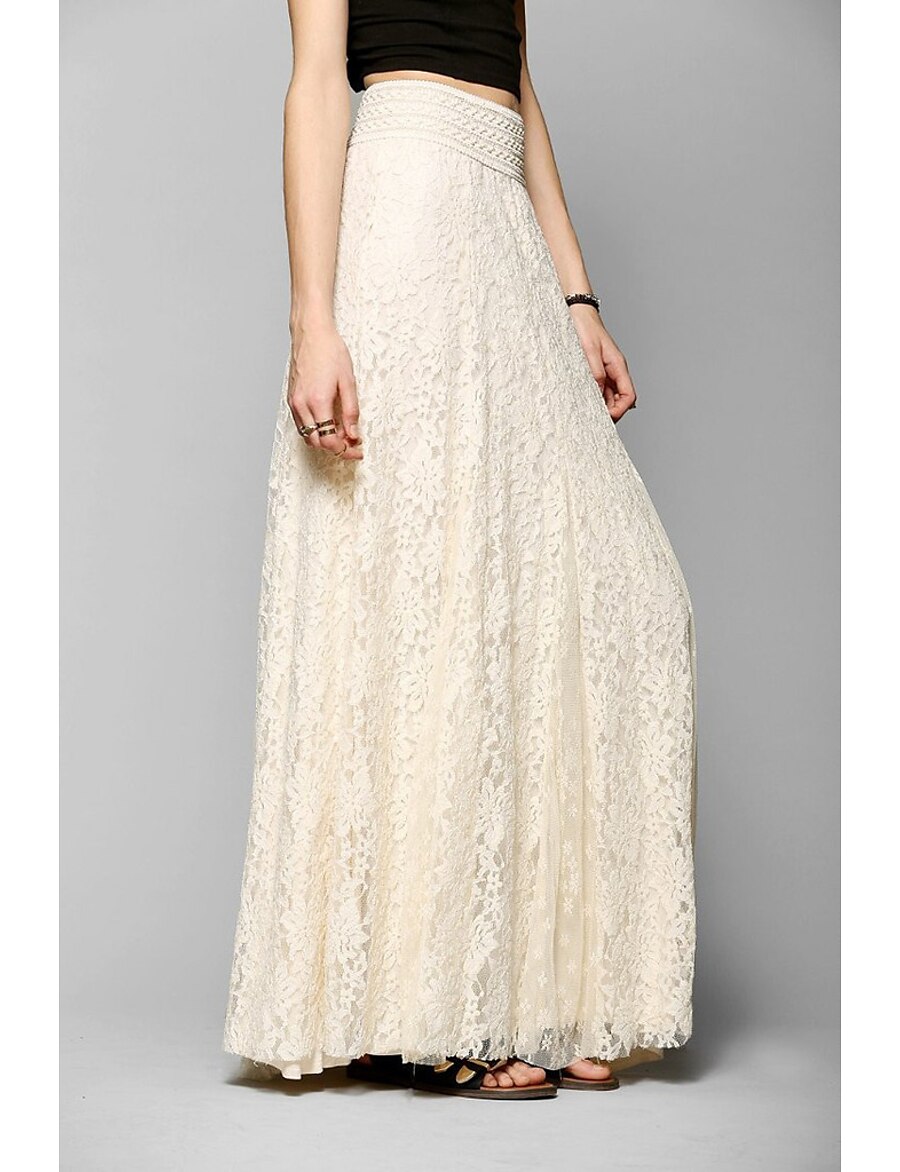  women's floral lace a-line vintage elegant high waisted pleated maxi long lace skirt beige black s m l xl xxl