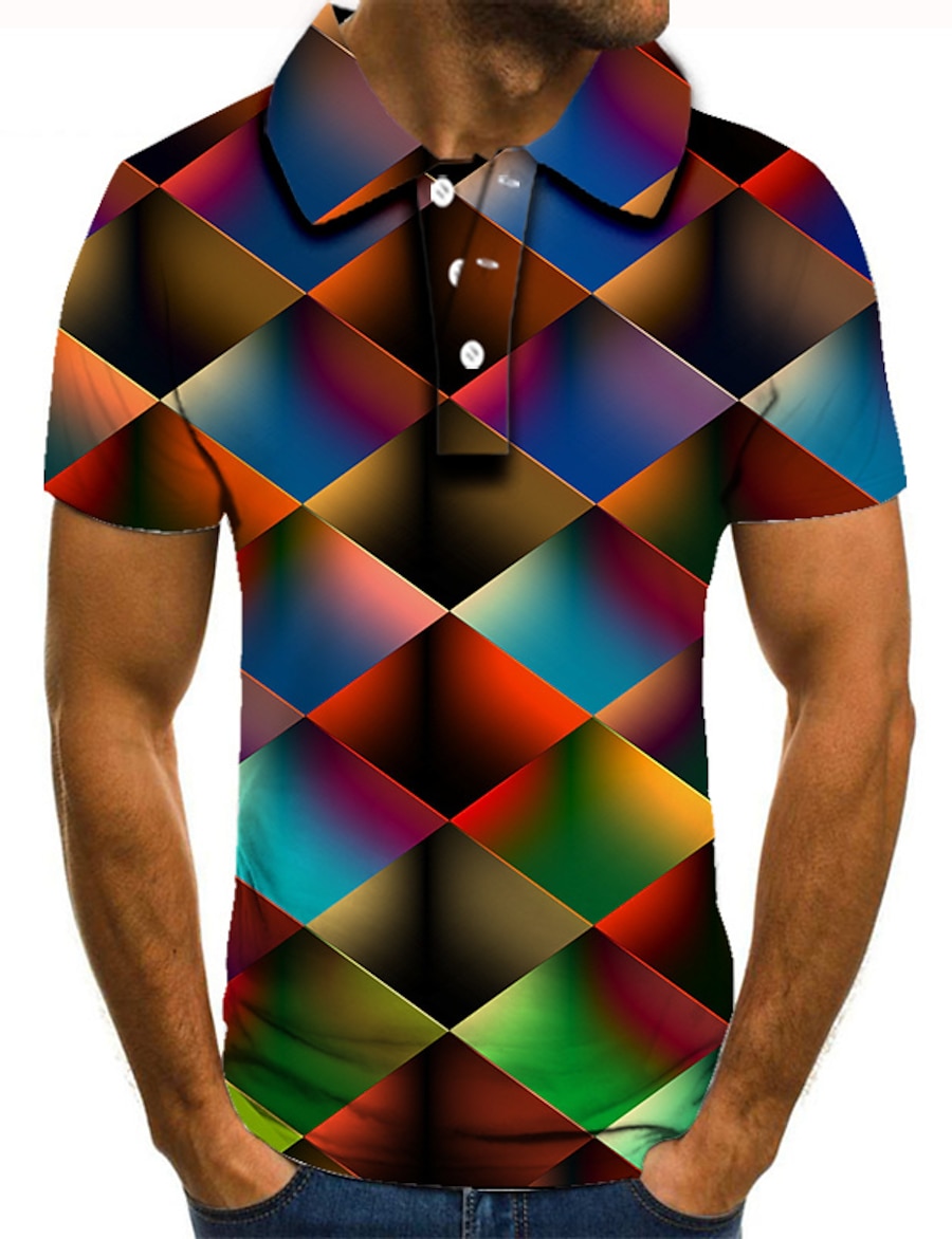  Men's Golf Shirt Tennis Shirt Optical Illusion Geometry 3D Print Collar Street Casual Short Sleeve Button-Down Tops Casual Fashion Cool Rainbow / Sports