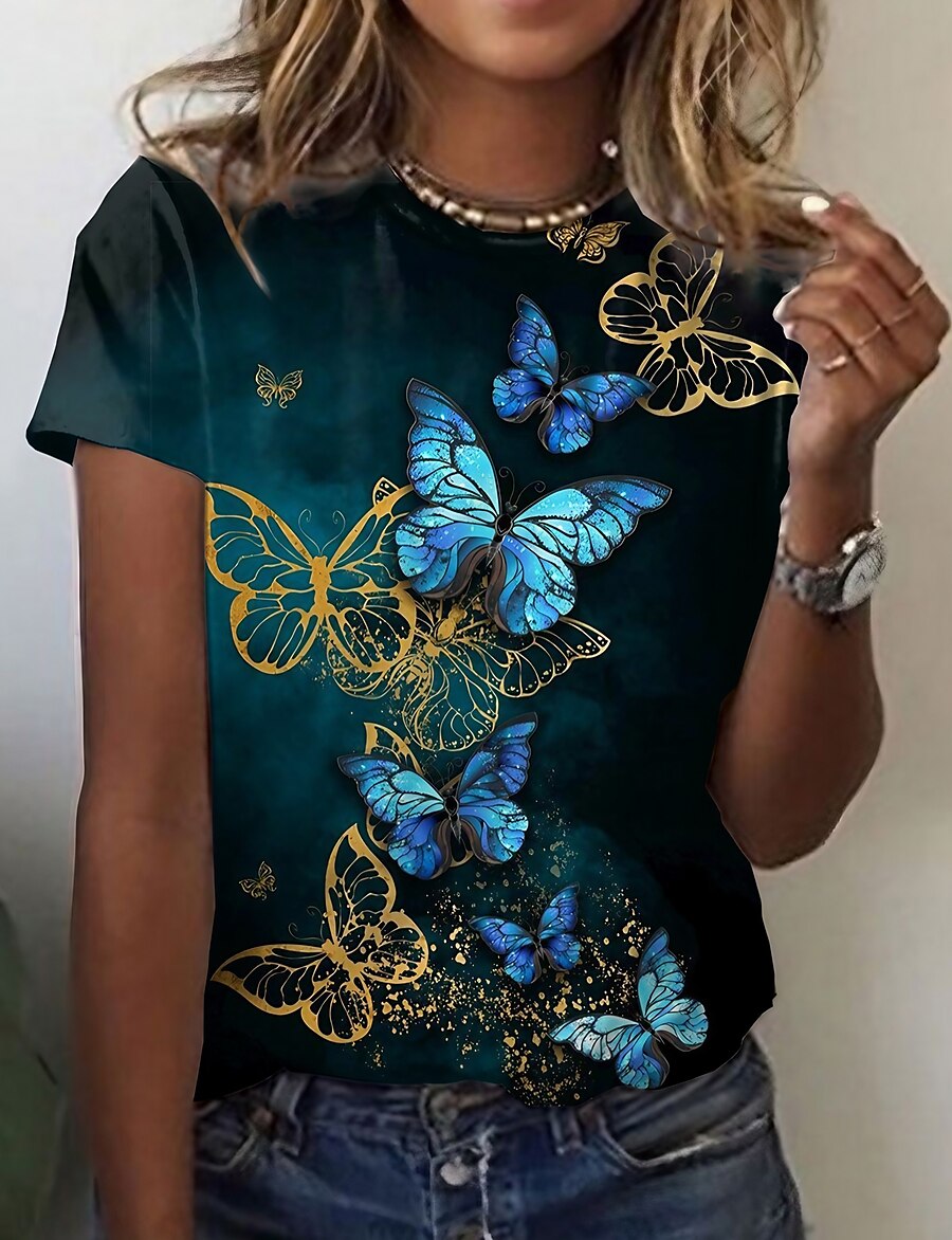  Women's T shirt Butterfly Painting Graphic Butterfly Round Neck Print Basic Vintage Tops Black / 3D Print