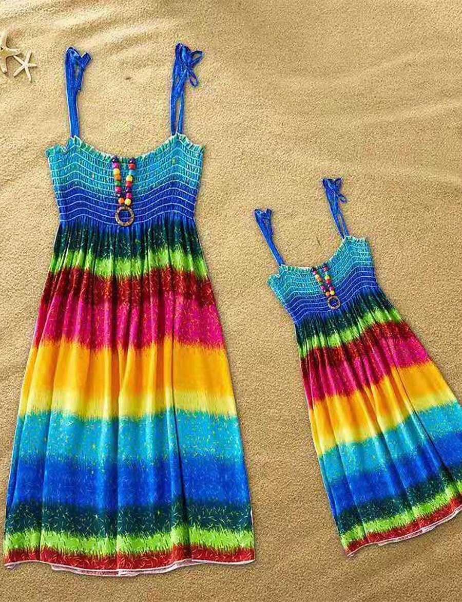  Mommy and Me Children's Day Dresses Daily Wear Rainbow Striped Print Multicolor Green Blue Knee-length Sleeveless Tank Dress Boho Matching Outfits / Summer