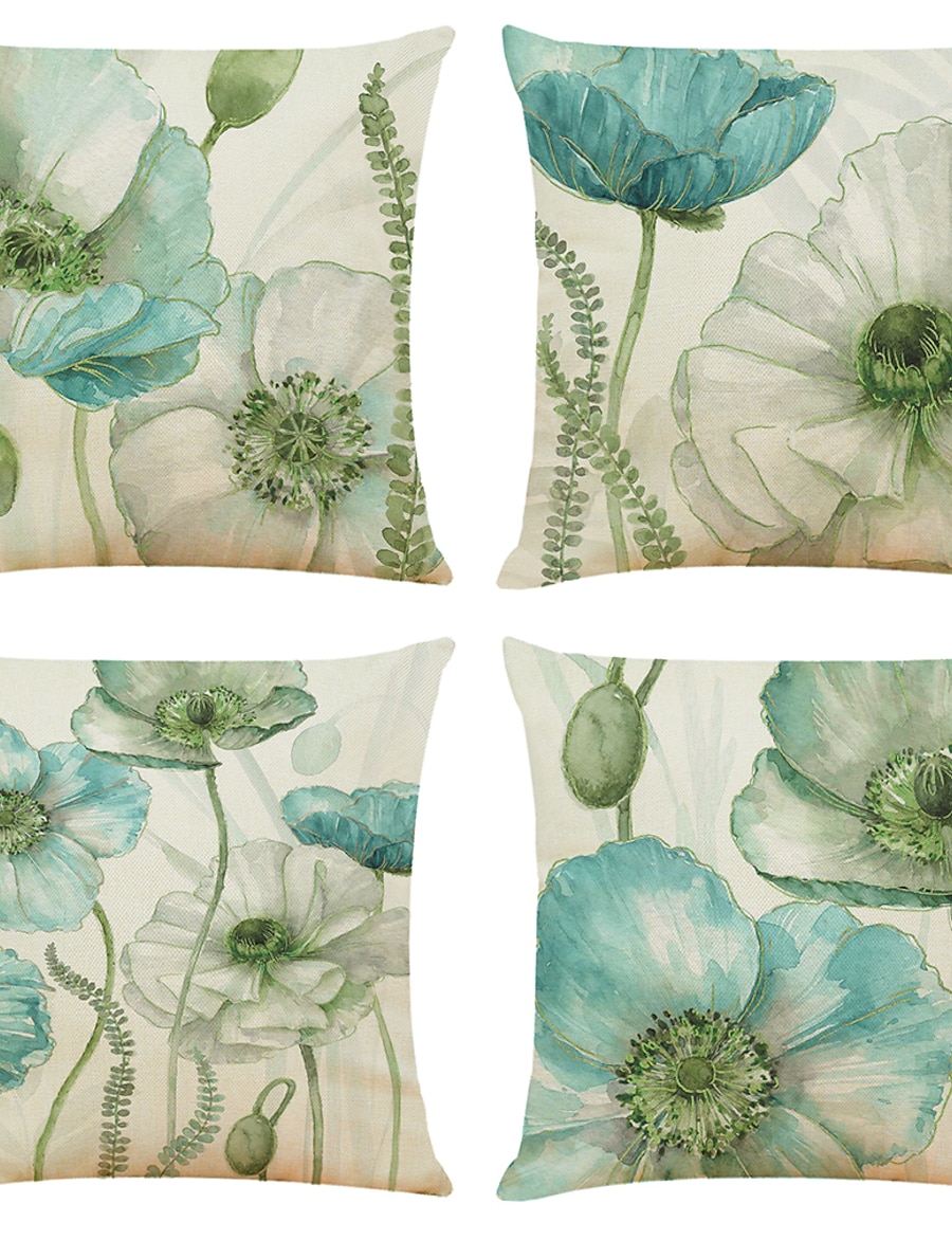  4 pcs Faux Linen Pillow Cover, Simple Classic Print Art Deco Floral&Plants Zipper Square Traditional Classic