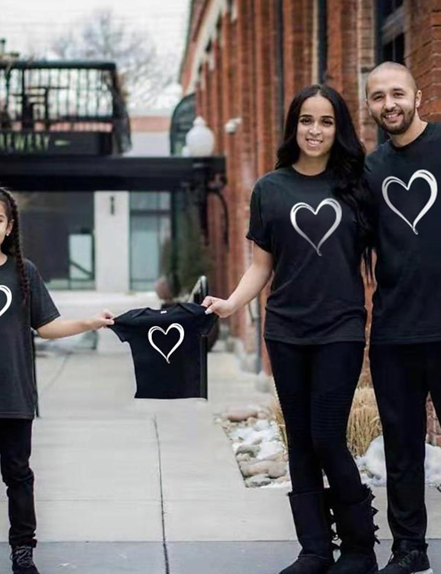  Family Look Cotton Tops Daily Heart Print Black Red Short Sleeve Daily Matching Outfits
