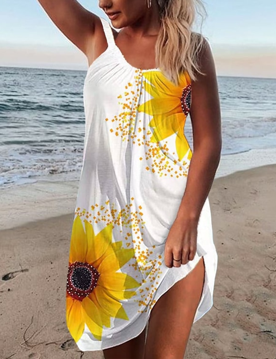  Women's Strap Dress Short Mini Dress Sleeveless Sunflower Print Summer Casual Holiday Going out Loose 2021 S M L XL XXL