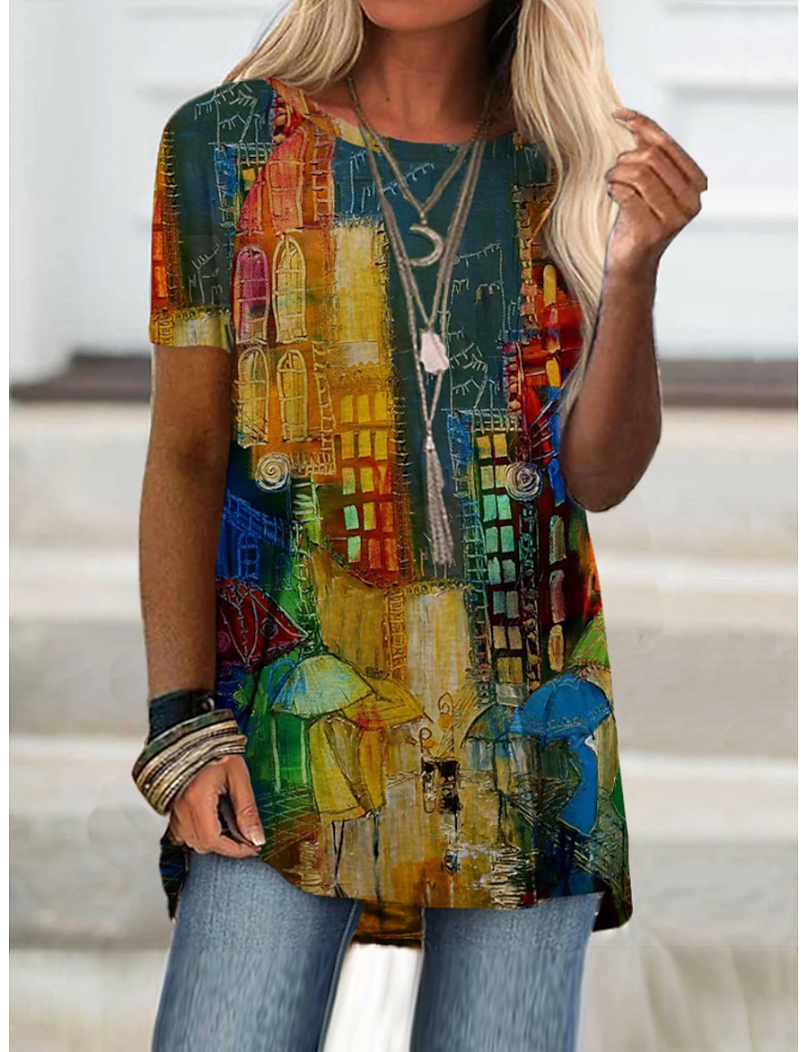  Women's Daily T shirt Dress Tunic Short Sleeve Color Block Round Neck Print Basic Tops Rainbow S / 3D Print