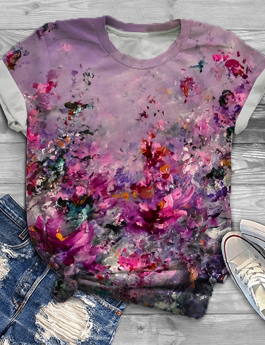  Women's Plus Size Tops T shirt Floral Graphic Print Crewneck Short Sleeve Summer Basic Purple Yellow Big Size XL XXL 3XL 4XL 5XL / Holiday