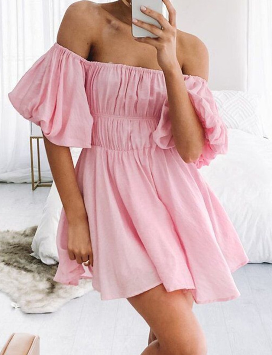  Women's Short Mini Dress Swing Dress Blushing Pink Sky Blue White Red Short Sleeve Ruched Pleated Solid Color Off Shoulder Spring Summer Holiday Casual Sexy 2021 S M L XL XXL XXXL