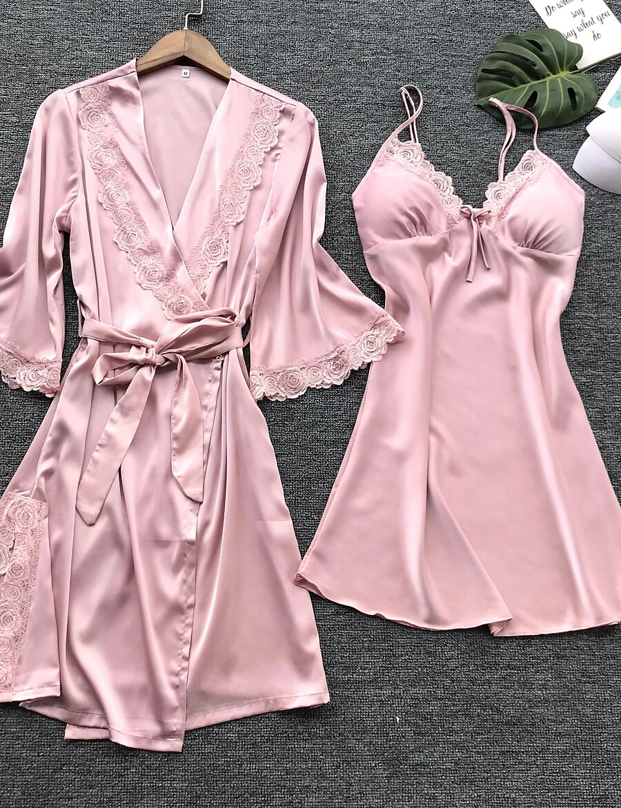  Women's 2 Pieces Pajamas Sets Satin Casual Comfort Patchwork Jacquard Silk Home Party Deep V Gift Mesh Lace Spring Summer Belt Included Pink Khaki / Super Sexy / Bow / Strap