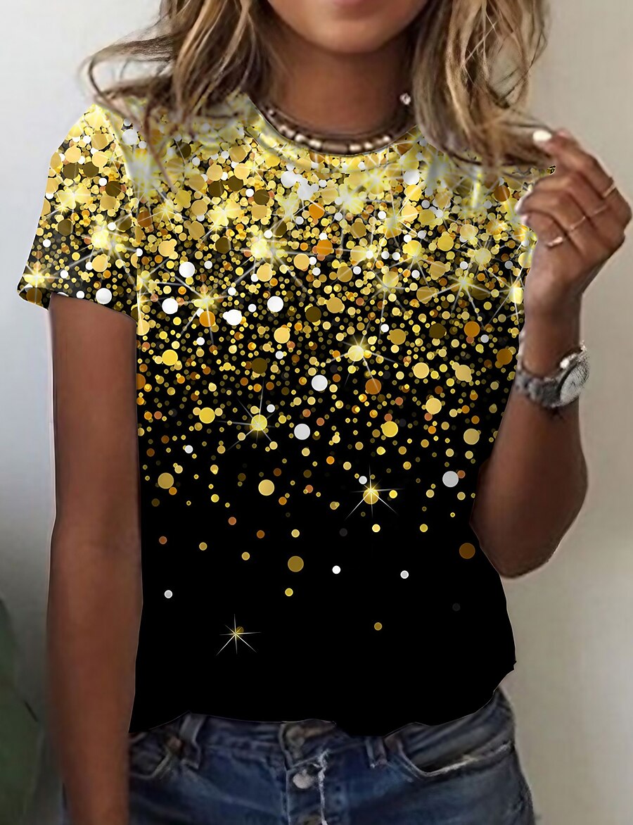  Women's T shirt Abstract Painting Galaxy Graphic Sparkly Round Neck Print Basic Tops Blue Purple Yellow / 3D Print