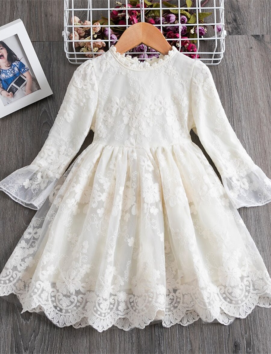  Kids Little Dress Girls' Solid Colored Tulle Dress Lace White Blue Knee-length Long Sleeve Cute Dresses Spring Summer Slim