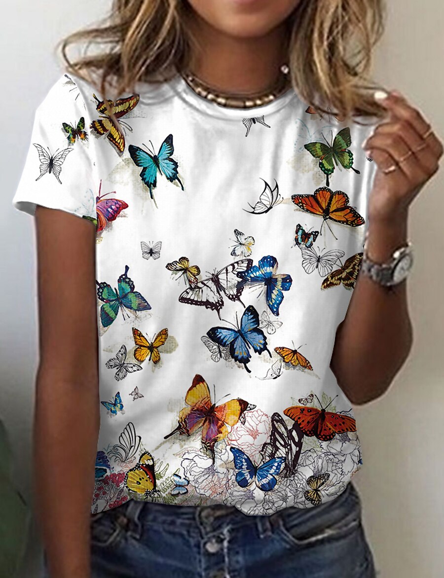  Women's T shirt Butterfly Painting Butterfly Animal Round Neck Print Basic Tops White / 3D Print