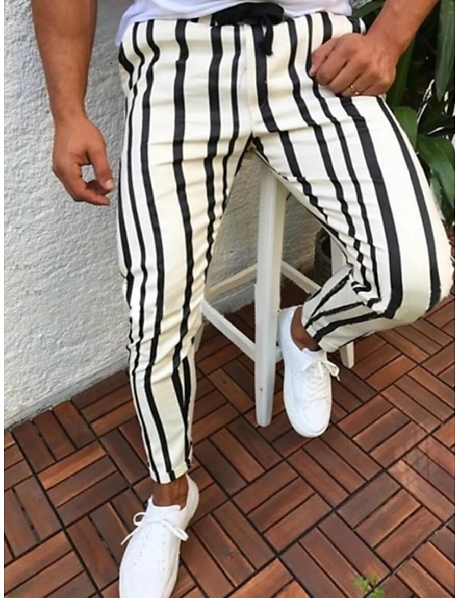  Men's Basic Drawstring Stripe Chinos Full Length Pants Micro-elastic Striped Mid Waist Slim Blue Red White Yellow XS S M L XL