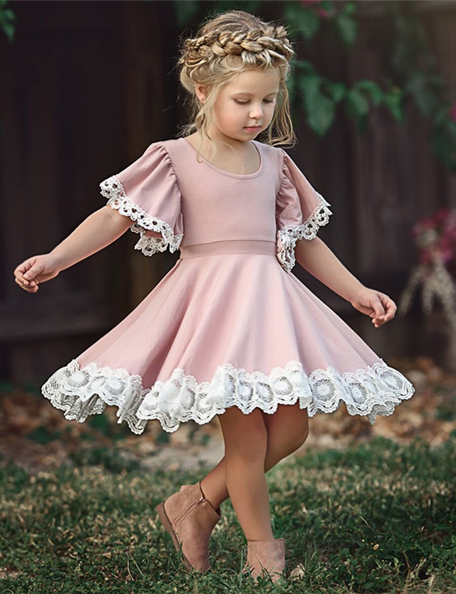  Kid's Little Girls' Dress Solid Color Flower School Lace Puff Sleeve Purple Blushing Pink Green Cotton Short Sleeve Cute Sweet Dresses Summer 2-12 Years