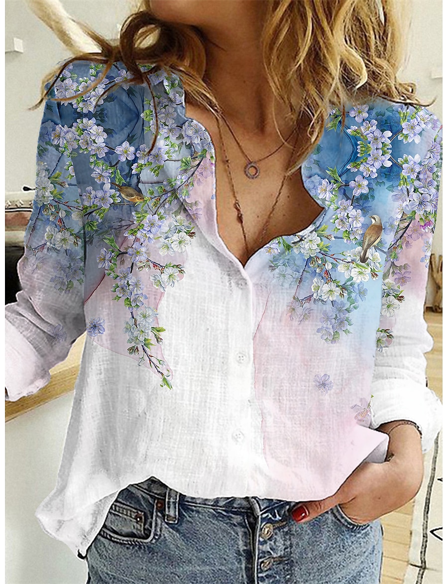  Women's Blouse Shirt Floral Theme 3D Printed Floral 3D Shirt Collar Button Print Basic Casual Tops White Red
