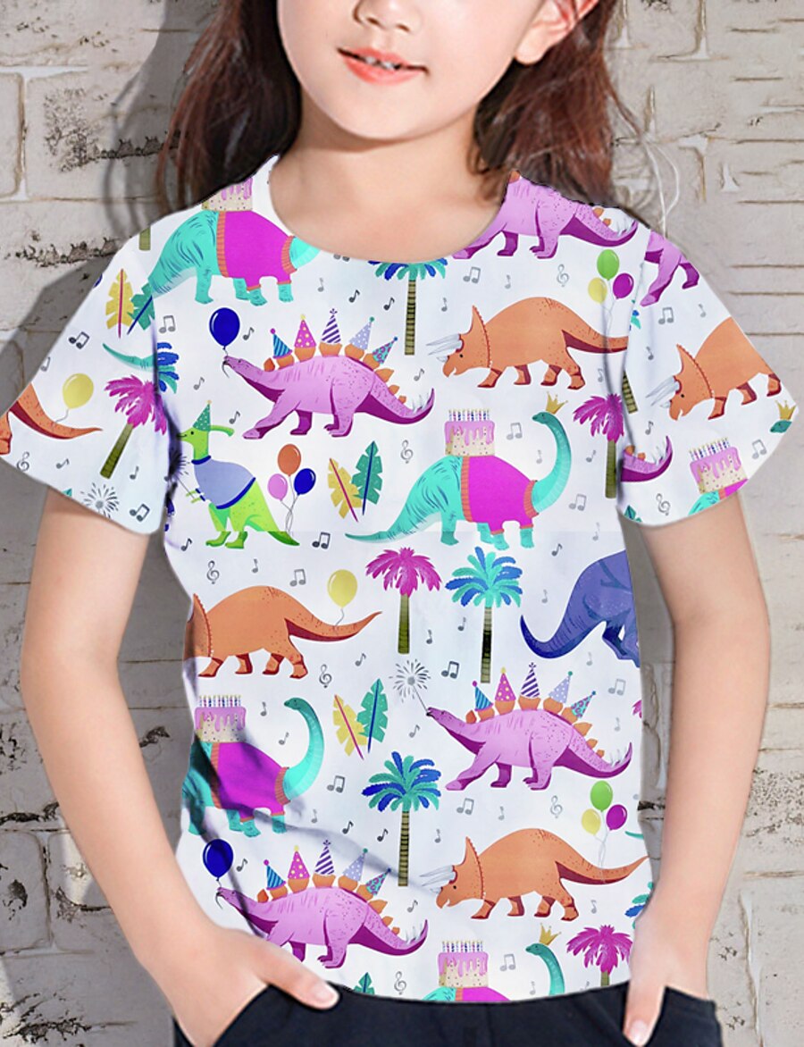  Kids Girls' T shirt Tee Short Sleeve White 3D Print Dinosaur Print Animal Daily Wear Active 4-12 Years / Summer