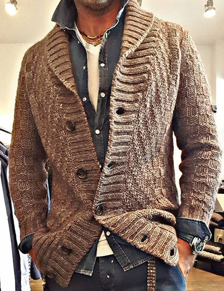  Men's Sweater Cardigan Sweater Coat Basic Stand Collar Thick Winter Brown