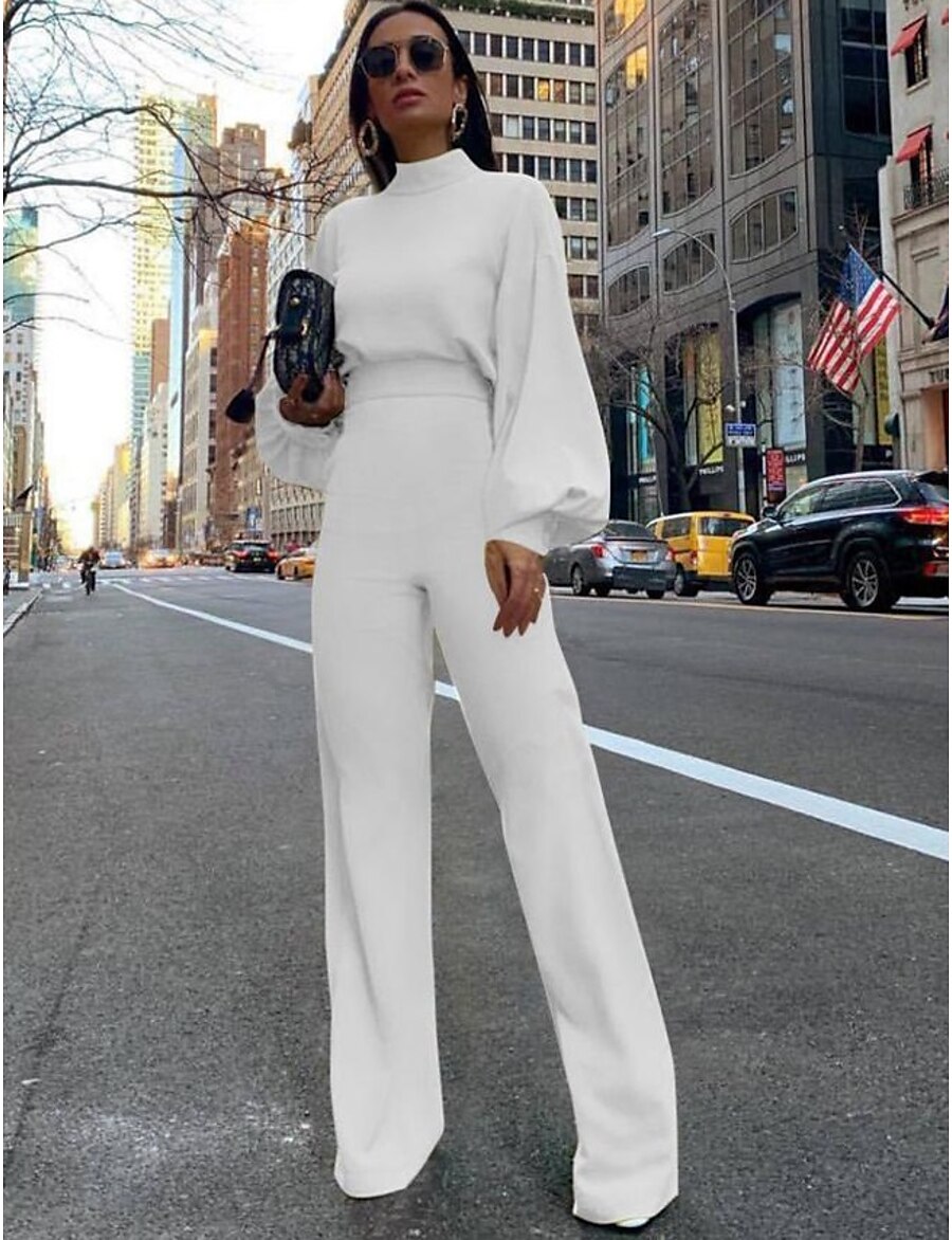  Women's Jumpsuit Solid Color Zipper Basic Crew Neck Straight Party Daily Long Sleeve Regular Fit Lantern Sleeve Green White Black S M L Fall
