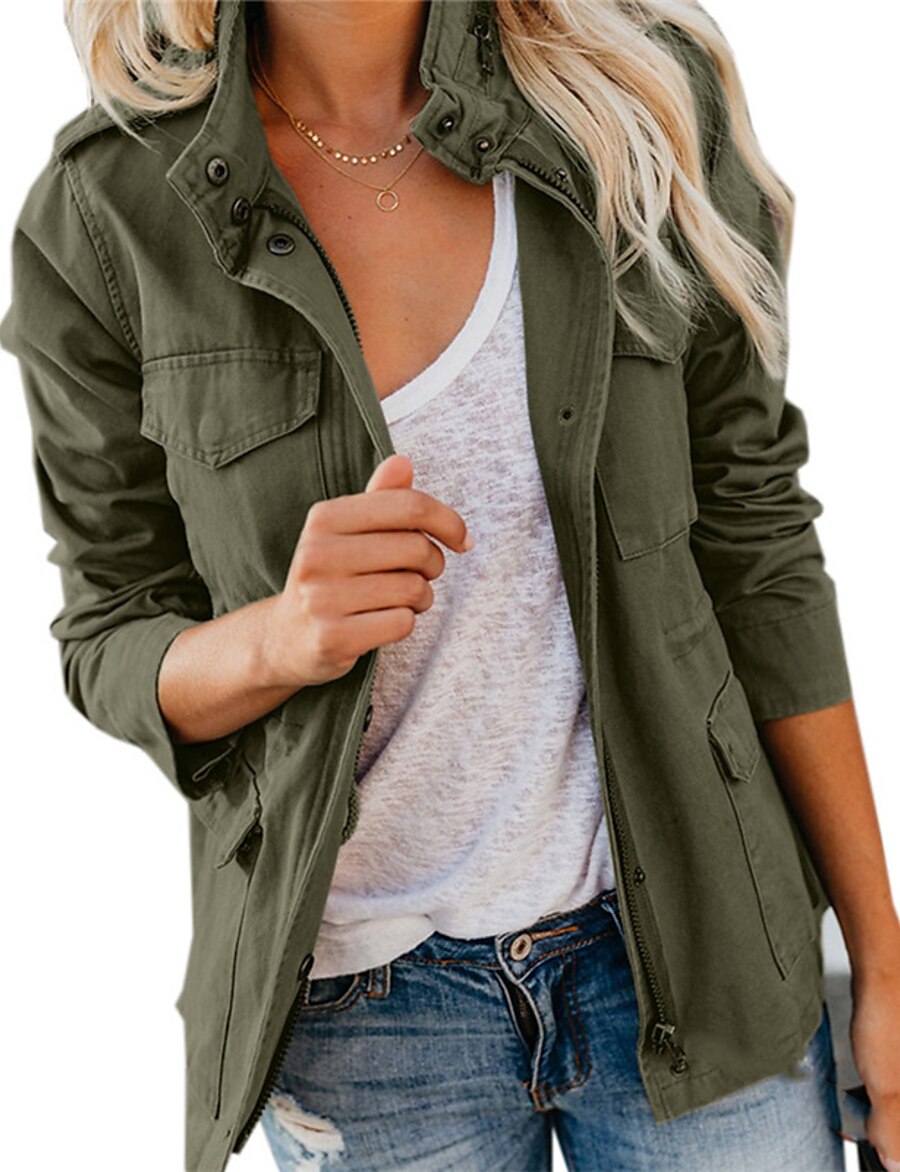  Women's Jacket Fall Daily Regular Coat Breathable Regular Fit Casual Jacket Long Sleeve Quilted Solid Color Wine Army Green Black / Cotton