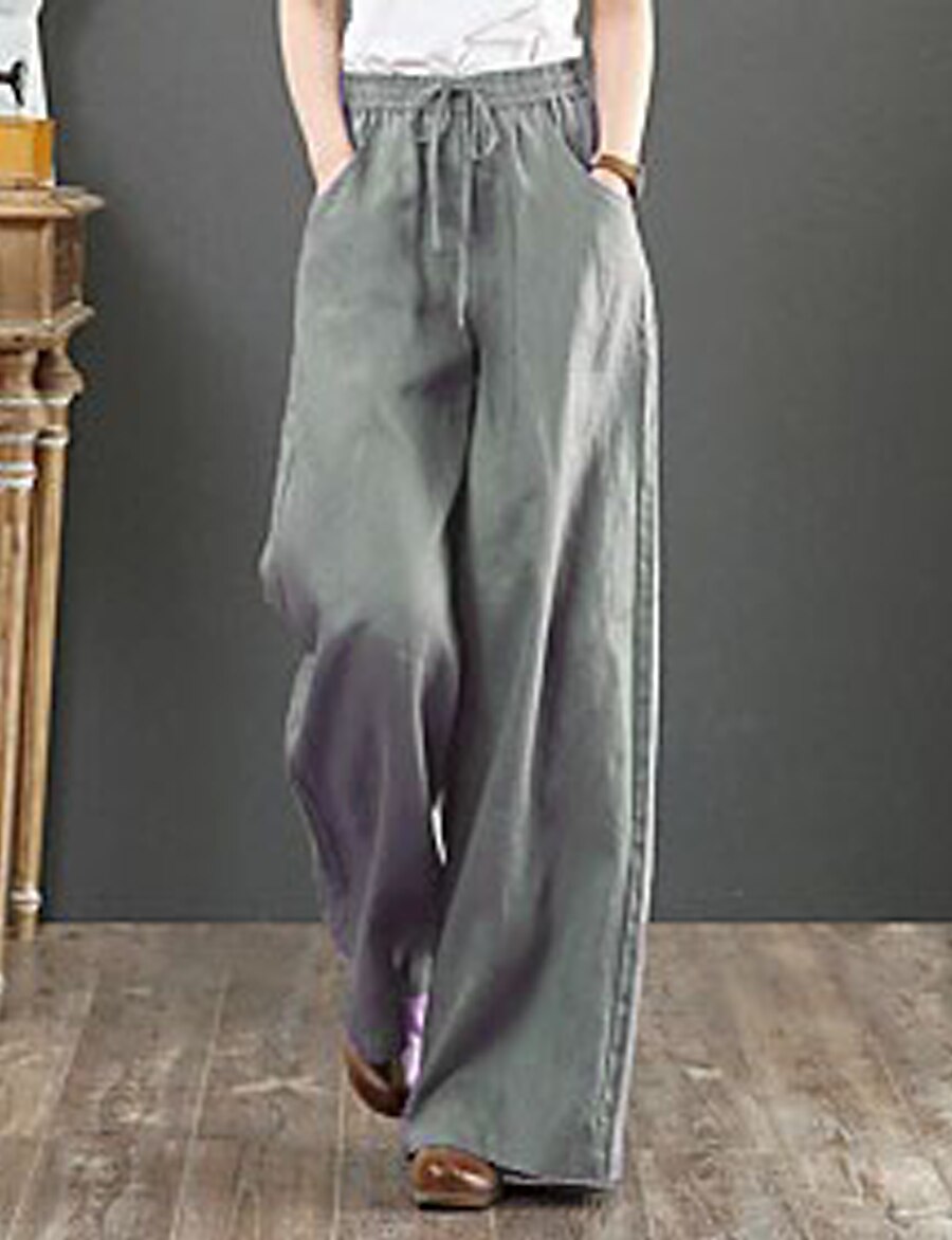  Women's Chinese Style Vintage Culottes Wide Leg Chinos Slacks Full Length Pants Micro-elastic Daily Weekend Cotton Solid Colored Mid Waist Lightweight Loose Green White Gray Orange S M L XL XXL