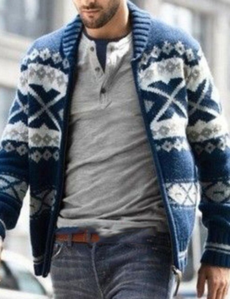  Men's Sweater Cardigan Zipper Round Neck Thick Winter Navy Blue