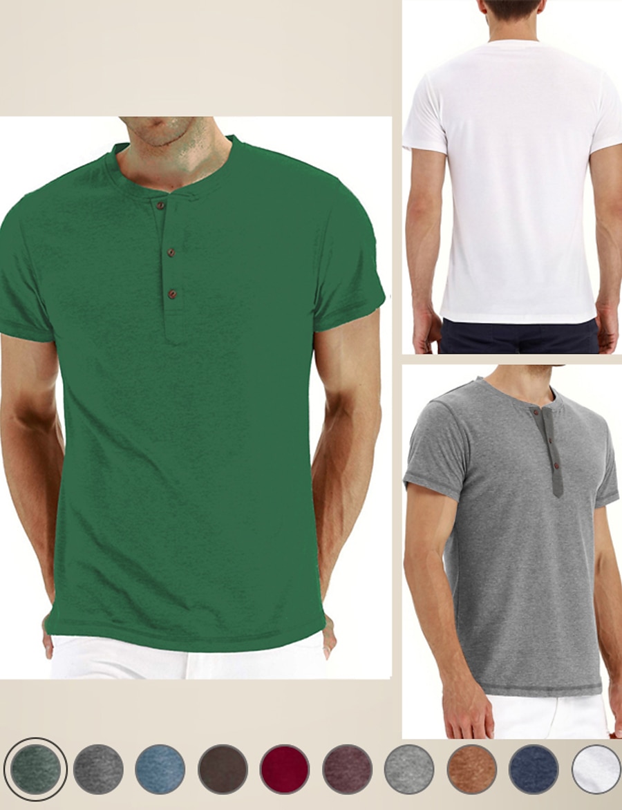  Men's Henley Shirt Solid Color Round Neck Daily Vacation Short Sleeve Tops Cotton Blend Simple Fashion Comfortable Green White Black / Machine wash / Micro-elastic