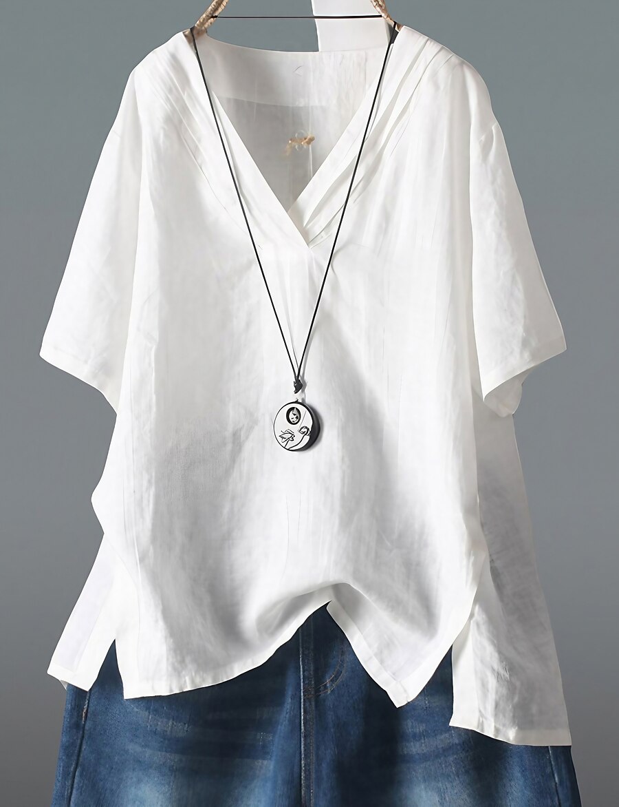  Women's Plus Size Tops Plain Blouse Shirt Half Sleeve Basic V Neck Cotton Daily Weekend Fall Summer Blue White