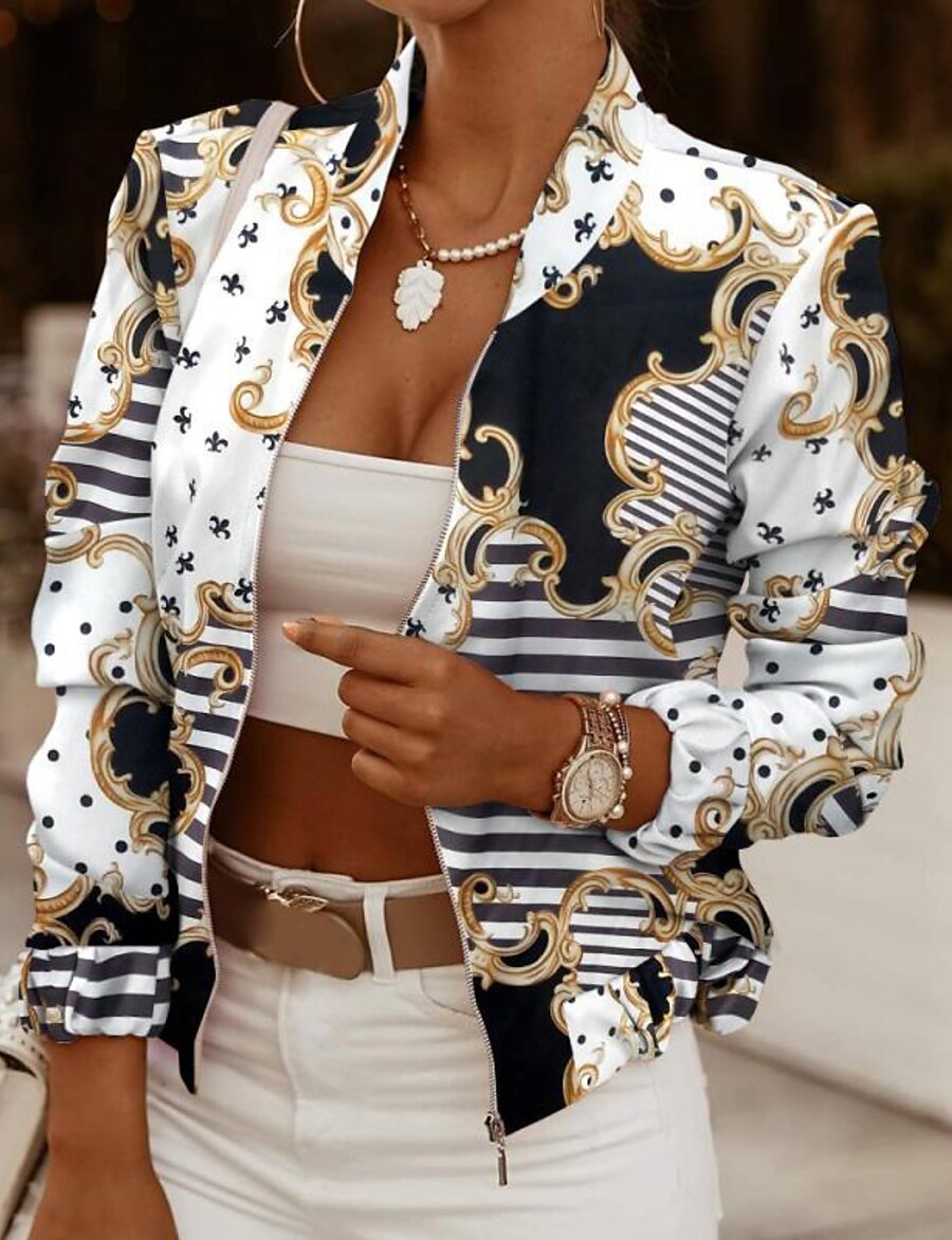  Women's Jacket Fall Spring Daily Valentine's Day Regular Coat Stand Collar Breathable Regular Fit Casual Jacket Long Sleeve Print Print Solid Color White+Black White Black