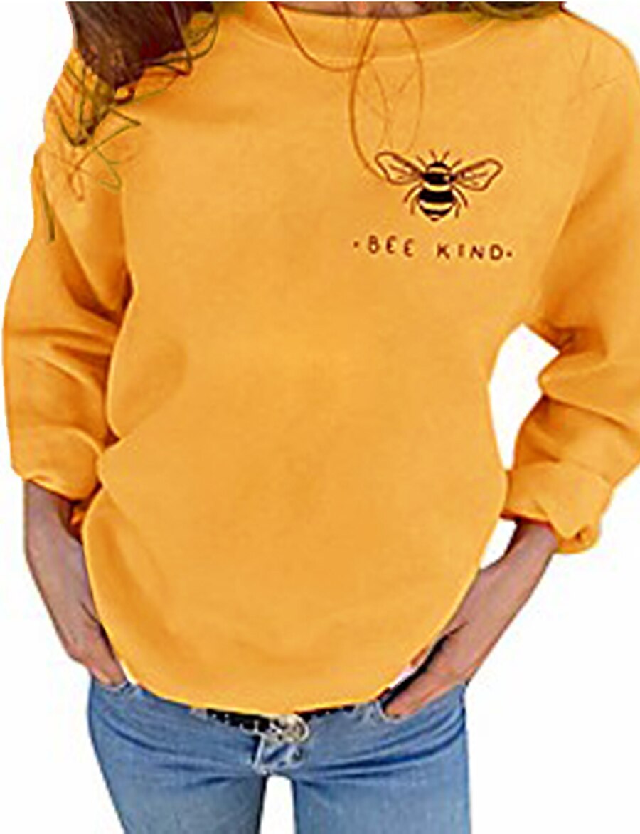 Bee Letter Animal Crew Neck Basic Cotton Hoodies Sweatshirts  Regular Fit Wine Red Gray Black Yellow black / Autumn / Fall