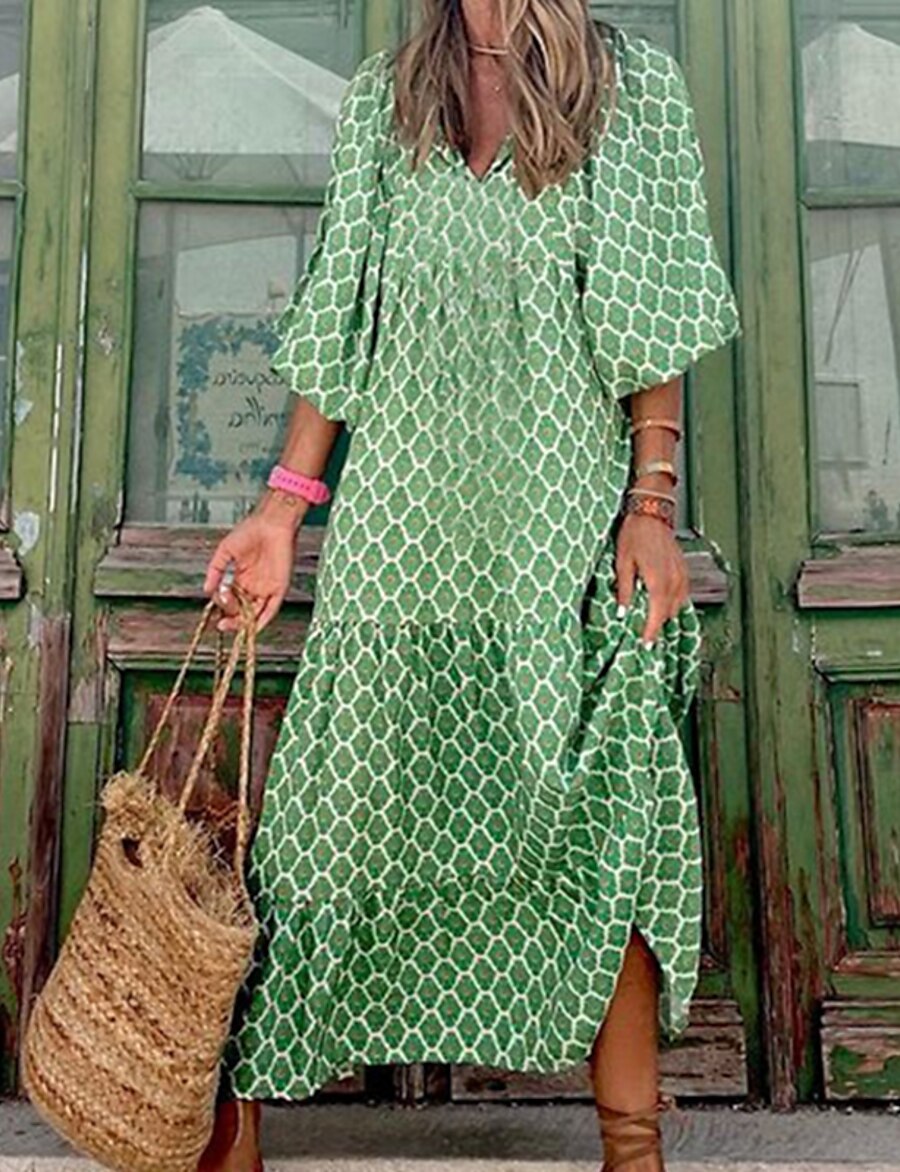  Women's Maxi long Dress A Line Dress Green 3/4 Length Sleeve Patchwork Print Geometric V Neck Fall Spring Holiday Casual Boho Flare Cuff Sleeve 2021 S M L XL