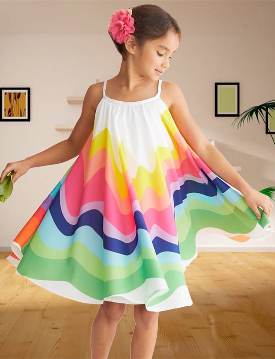  Kids Toddler Little Girls' Dress Floral Patchwork Sundress Rainbow Knee-length Sleeveless Cute Sweet Dresses Children's Day Regular Fit