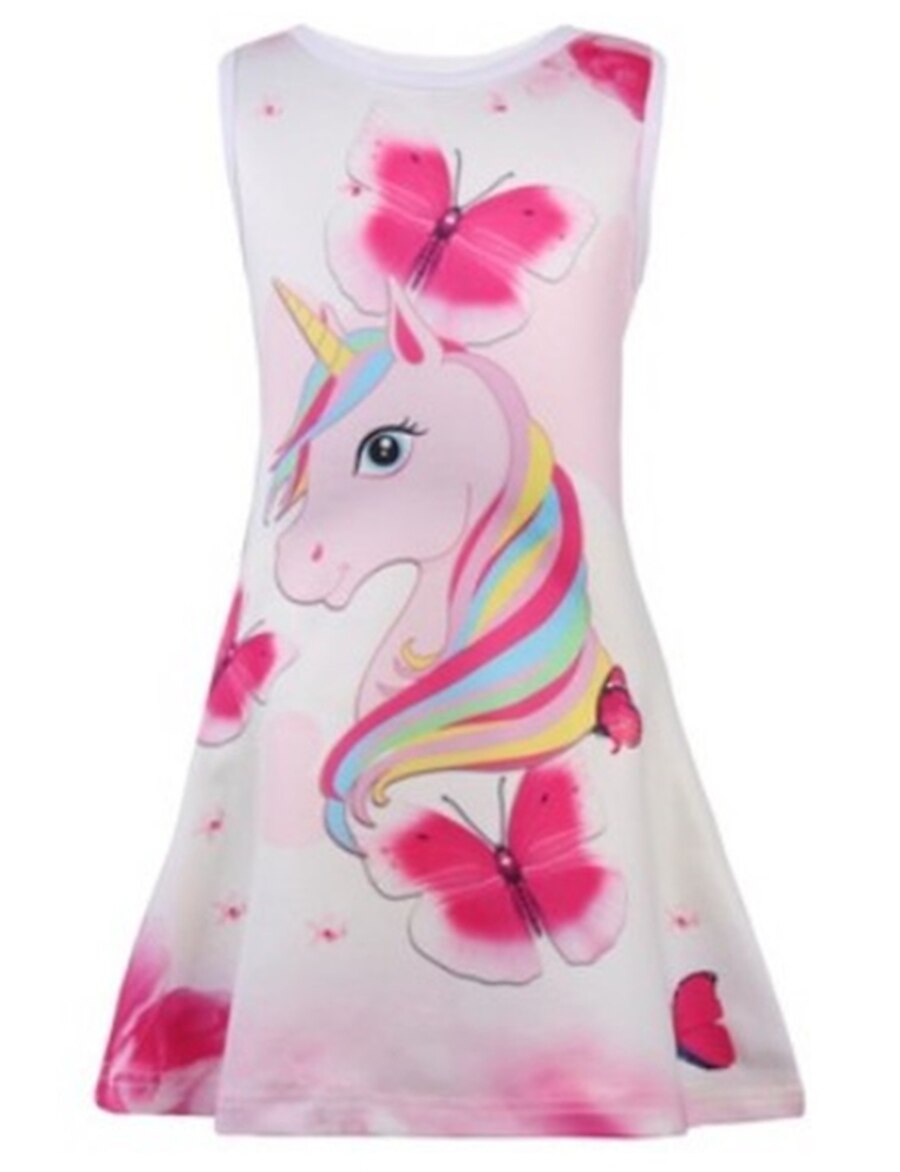  Kids Little Girls' Dress Cartoon Animal Unicorn Tank Dress Print Blushing Pink Knee-length Sleeveless Sweet Dresses Regular Fit