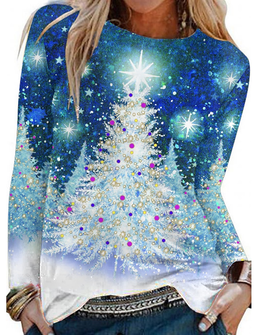  Per donna maglietta Floreale Pittura Manica lunga Pop art Fiocco di neve Albero di Natale Rotonda Stampa Essenziale Top Standard Blu / Stampa 3D