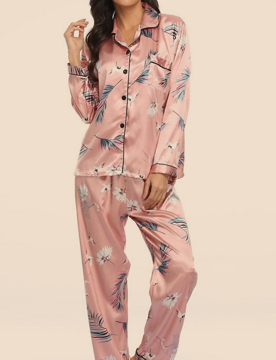  Women's 1 set Pajamas Sets Simple Hot Comfort Flower Satin Home Party Daily Lapel Gift Shirt Long Sleeve Elastic Waist Print Pant Fall Spring 6003 6020 / Buckle / Club