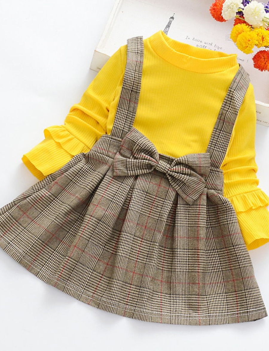  Kids Girls' T-shirt & Skirt Long Sleeve 2 Pieces Black Pink Yellow Bow Plaid Daily Cotton Regular Active Sweet 3-8 Years / Fall / Spring