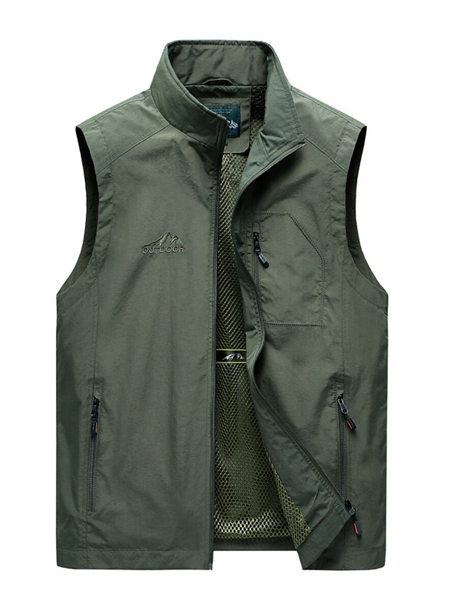  Men's Vest Gilet Fall Spring Street Daily Going out Regular Coat Stand Collar Zipper Breathable Loose Casual Jacket Sleeveless Pocket Plain Blue Army Green Gray / Outdoor