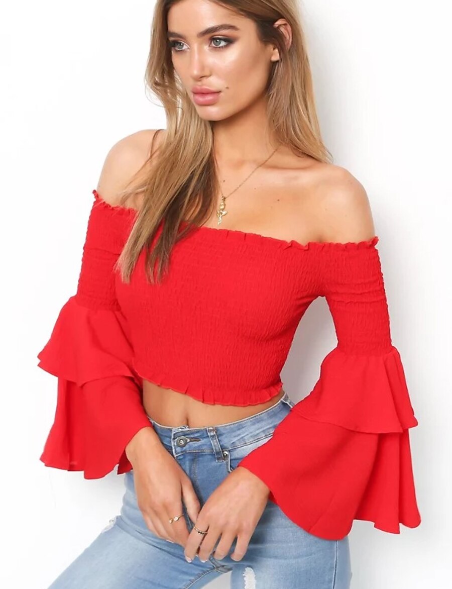  LITB Basic Women's Ruffle Flared Sleeve Crop Off Shoulder Top Solid Color