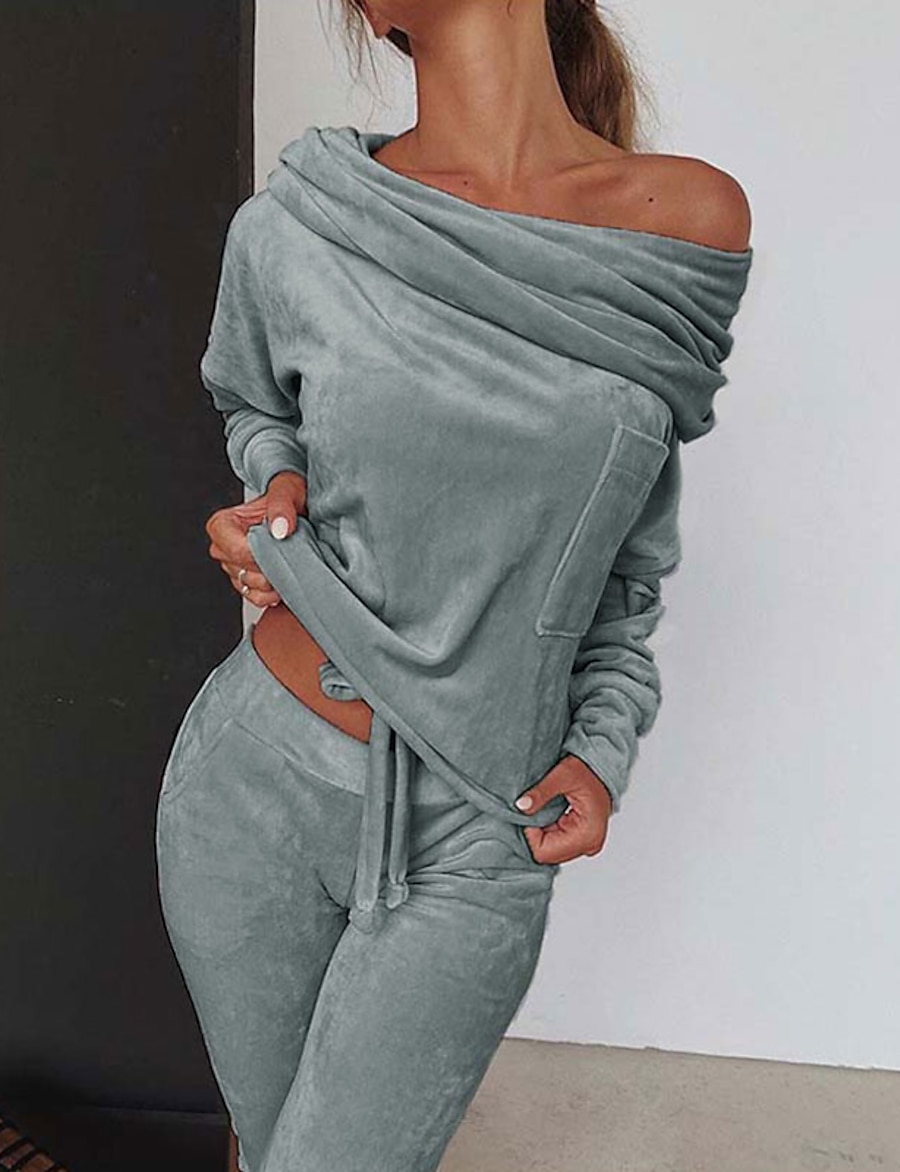  Women's Basic Streetwear Plain Home Activewear Two Piece Set Off Shoulder Pant Loungewear Jogger Pants Hoodie Sweatshirt Pants Sets Drawstring Tops