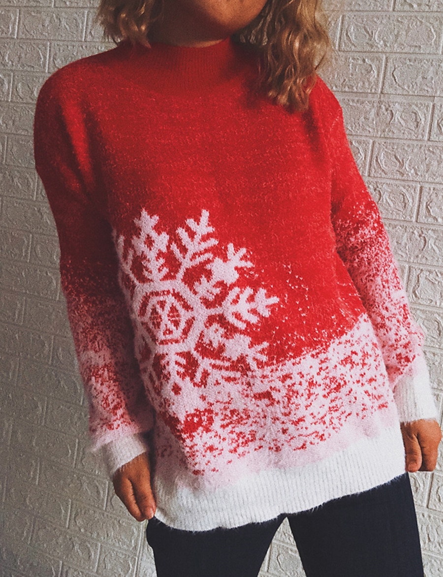  Women's Pullover Sweater Jumper Snowflake Knitted Vintage Style Elegant Long Sleeve Sweater Cardigans Fall Winter Round Neck Red