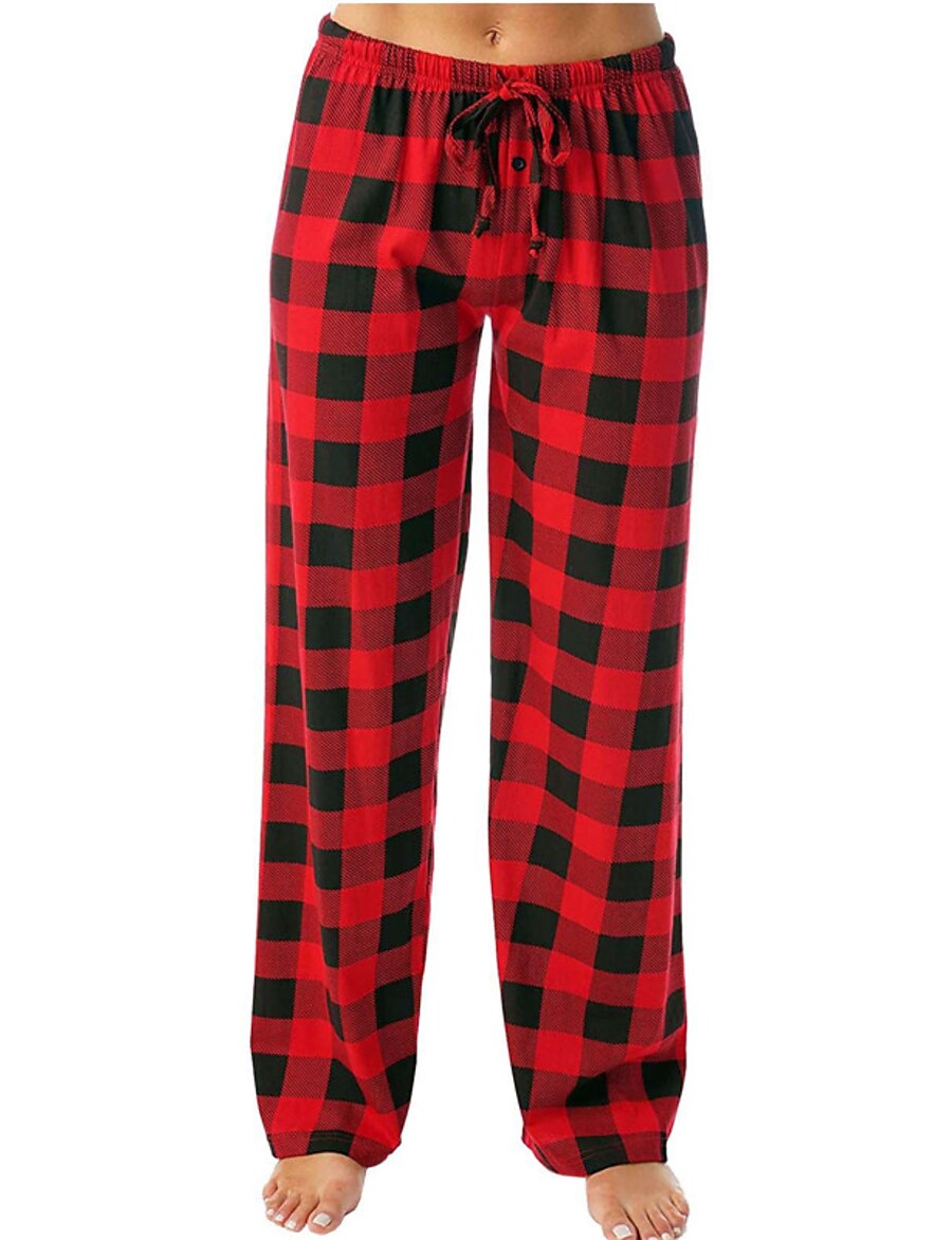  Women's 1 pc Loungewear Bottom Comfort Sport Grid / Plaid Polyester Home Street Daily Breathable Gift Long Pant Elastic Waist Print Pant Fall Summer Red