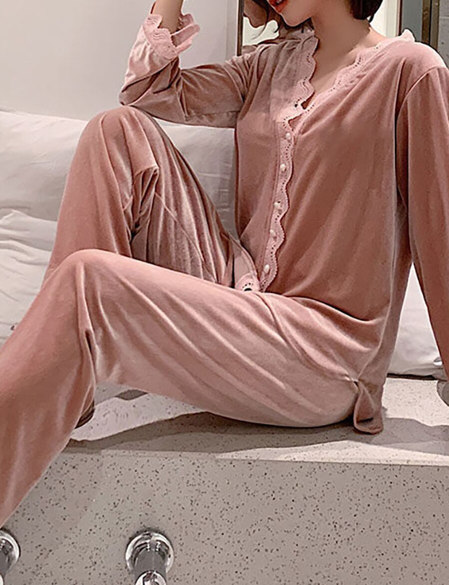 Women's 1 set Pajamas Sets Simple Comfort Cute Pure Color Velvet Home Bed V Wire Warm Gift T shirt Tee Long Sleeve Basic Pant Fall Winter White Black / Buckle / Sweet