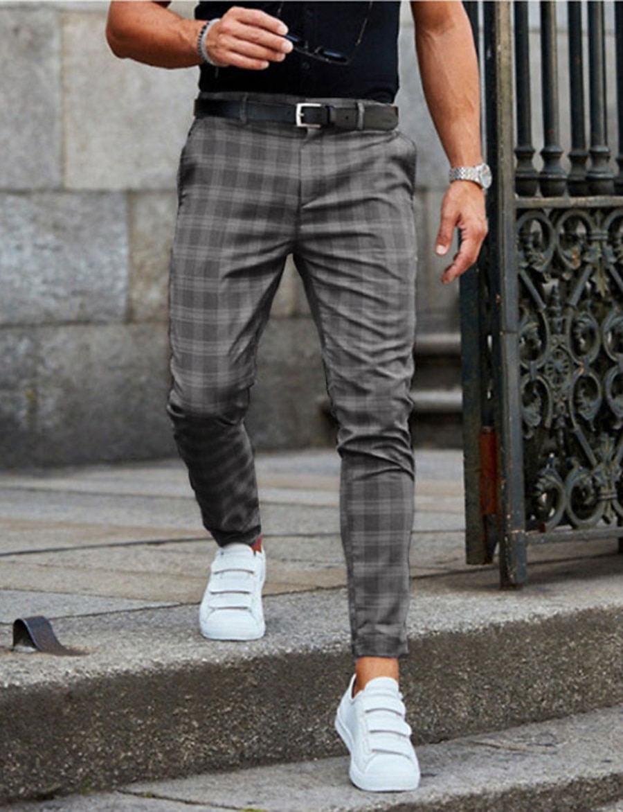  Men's Casual / Sporty Print Chinos Full Length Pants Inelastic Daily Weekend Lattice Mid Waist Breathable Soft Grey Khaki S M L XL XXL