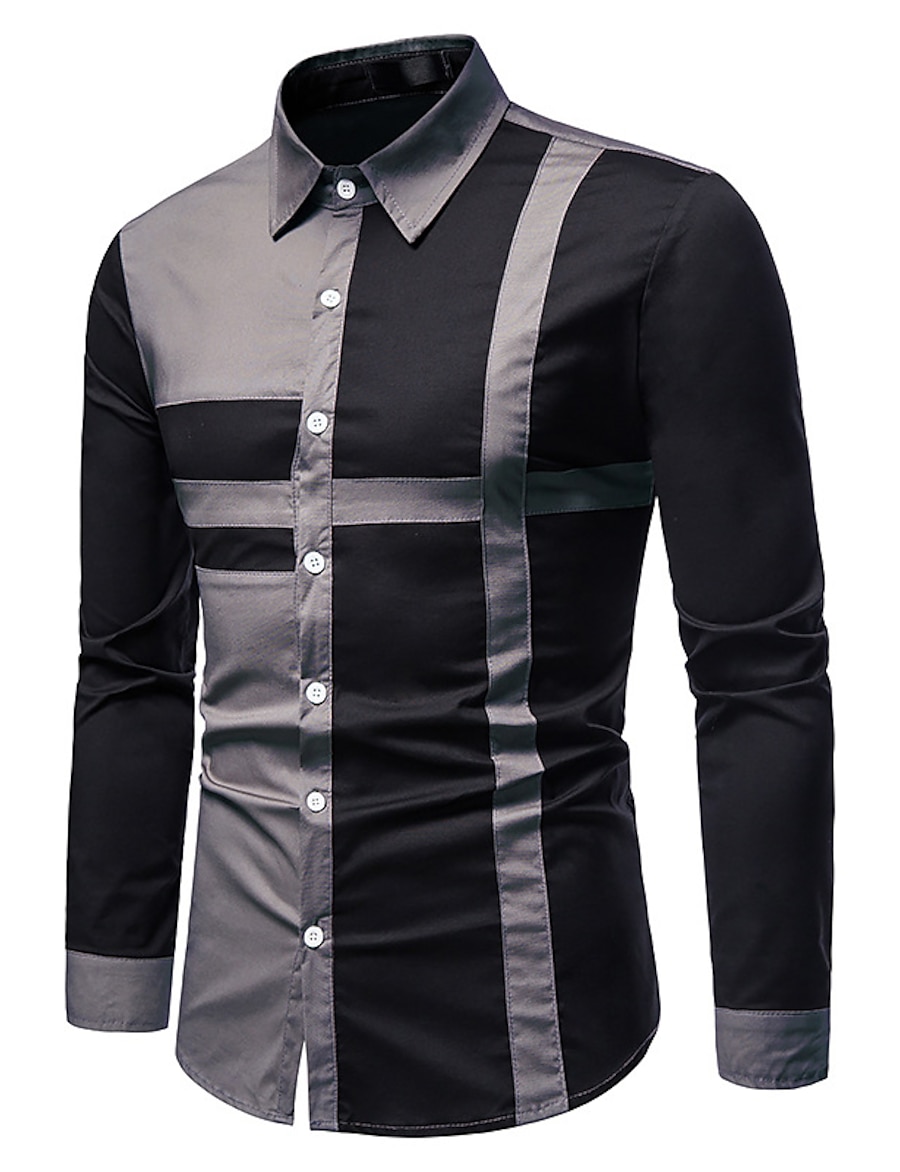  Men's Shirt Color Block Button Down Collar Daily Long Sleeve Regular Fit Tops Cotton Business White Black Purple