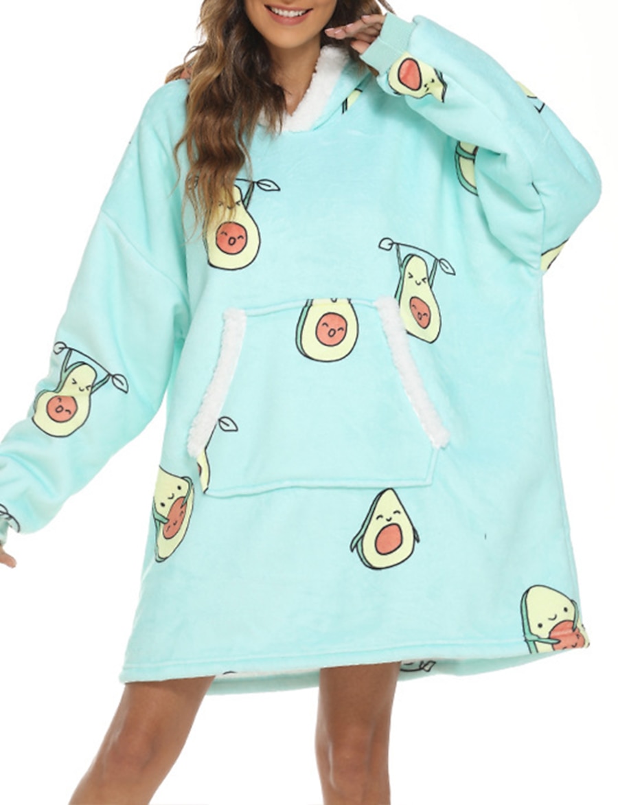  Women's 1 pc Pajamas Nightgown Hoddie Blanket Plush Simple Comfort Avocado Fruit Flannel Home Daily Bed Hoodie Warm Gift Long Sleeve Basic Print Fall Winter Pocket Light Green