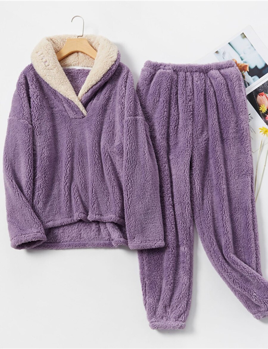  Women's 1 set Pajamas Sets Plush Fashion Comfort Pure Color Flannel Home Bed Vacation V Wire Warm Long Sleeve Basic Elastic Waist Pant Fall Winter Pocket Gray Purple