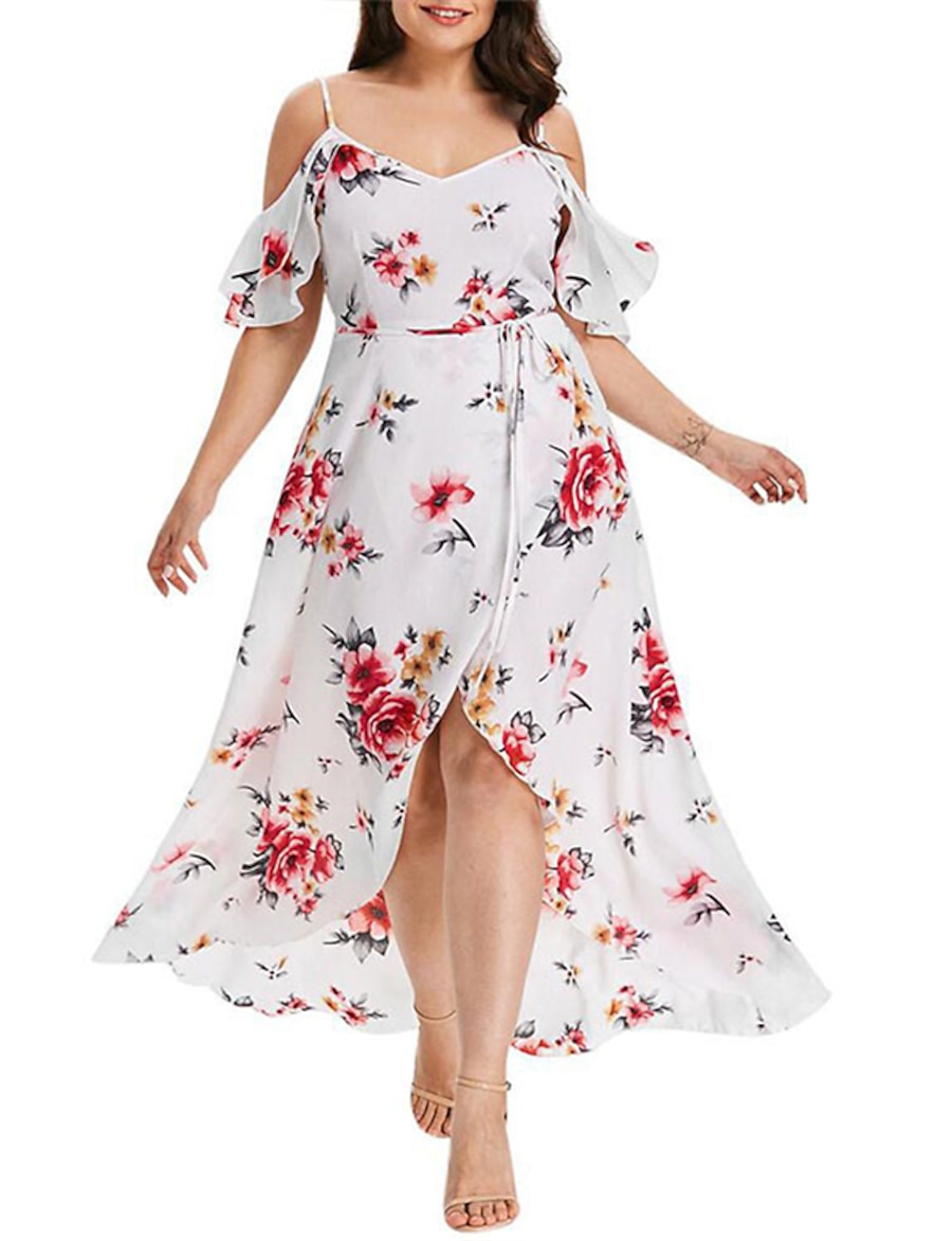  Women's Plus Size Floral Swing Dress Split V Neck Short Sleeve Casual Spring Summer Causal Daily Maxi long Dress Dress / Print